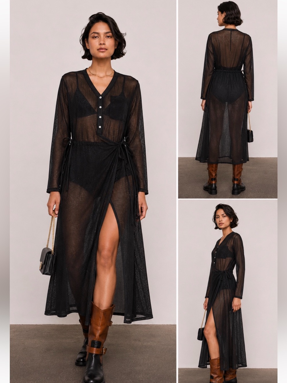 Free People Black Sheer Mesh Maxi Wrap Dress
